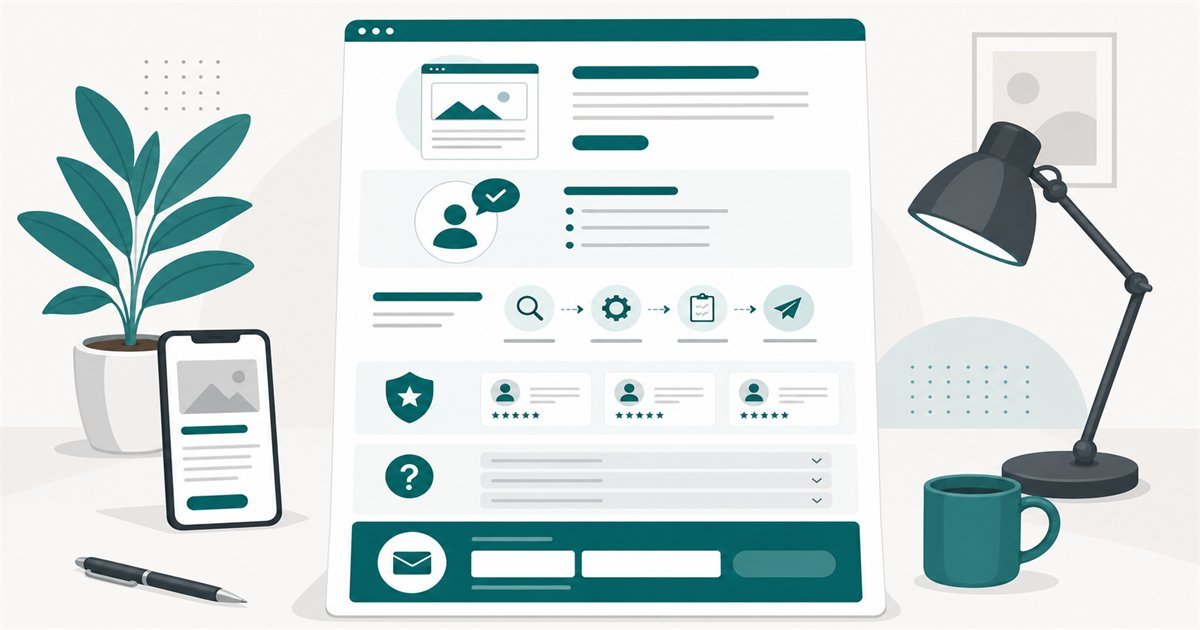 একটি ব্যবসায়িক Service Page-এর বিভিন্ন তথ্যের অংশ দেখানো পরিচ্ছন্ন illustration